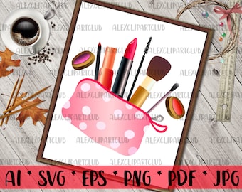 May include: A pink polka dot makeup bag with a zipper closure. The bag is filled with makeup brushes, lipstick, and eyeliner.
