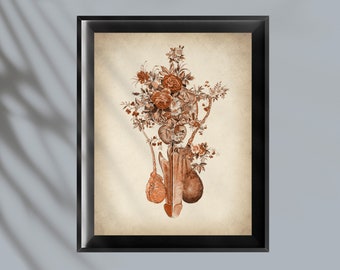 May include: A vintage botanical illustration of a stylized floral arrangement with brown and orange flowers. The flowers are arranged in a vase-like shape with a long, slender stem extending from the bottom.