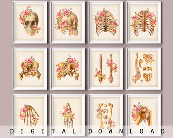 Vintage Skeletal Anatomy Art Prints: Gothic Floral Skeleton Poster (Digital Download)