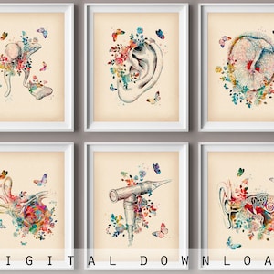 6 Sztuka anatomii ucha w stylu vintage, Wystrój medyczny, Sztuka audiologiczna, Anatomia akwarelowa, Struktura ucha wewnętrznego, Sztuka ślimaka, Kosteczki słuchowe, Prezent dla audiologa