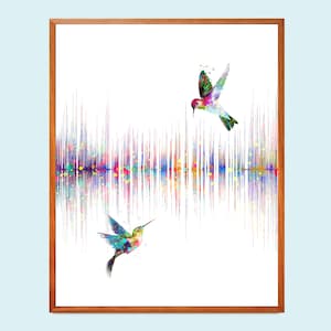May include: A colorful watercolor painting of two hummingbirds flying above a colorful sound wave. The hummingbirds are painted in shades of pink, blue, green, and yellow. The sound wave is painted in shades of purple, blue, green, yellow, and orange.