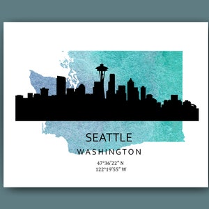Seattle Skyline Washington Kaart Space Needle City Silhouette USA Steden Muur Decor Cadeau voor Reiziger Office Decor Housewarming Gift