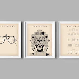 3 Vintage Optometry Art, Ophthalmology Art, Optometrist Instruments, Trial Frame, Manual Refractor, Optician Gift, Eye Clinic Wall Decor