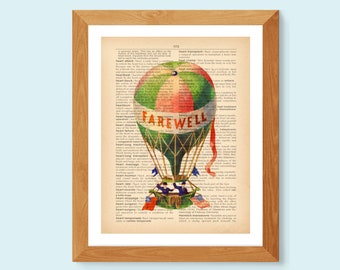 Balloon art, Vintage poster, Travel art, Watercolor painting, Dictionary page art, Adventure print, Office wall decor, Housewarming gift