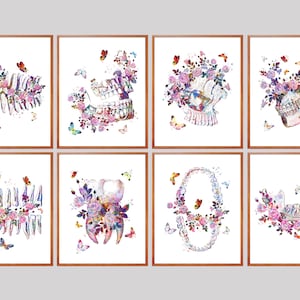 May include: Set of eight watercolor illustrations featuring anatomical dental structures with floral accents. Each illustration depicts a different part of the mouth, including teeth, jawbone, and gums. The illustrations are in shades of pink, purple, and blue, with delicate floral details.