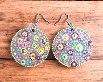 Dot-Painted 2” circular Boho floral earrings: earth tones