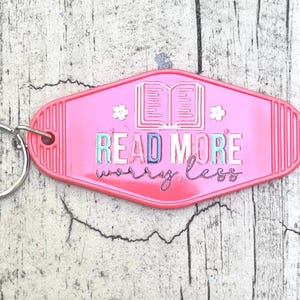 Read More Worry Less vintage-style motel key 3.5” keychain colorful book lover bookworm reading key ring