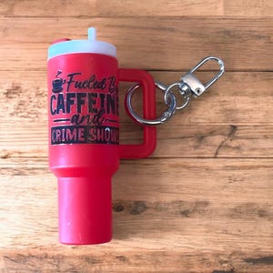 Fueled by Caffeine and Crime Shows red mini-tumbler Stanley-inspired 3.5” keychain gift for true crime coffee fanatic