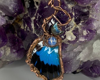 Rainbow Moonstone Copper Electroformed Crescent Moon Planchette Necklace With Blue Butterfly