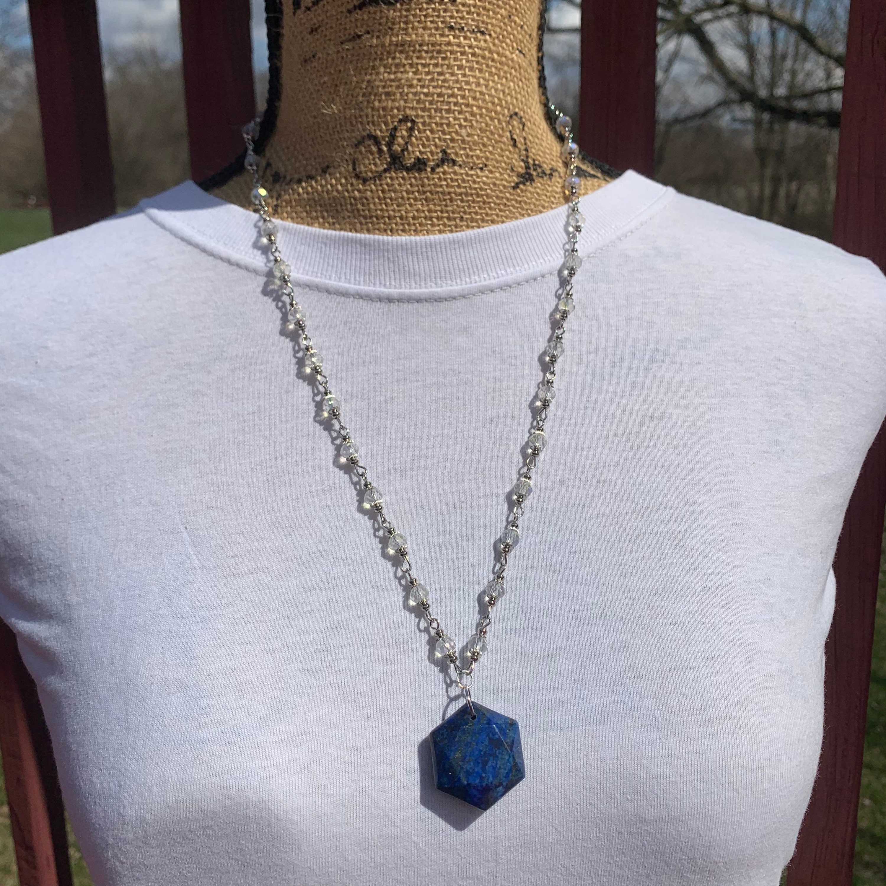 24 Clear Crystal Bead Necklace w/Lapis Lazuli Hexagonal Cut Etsy