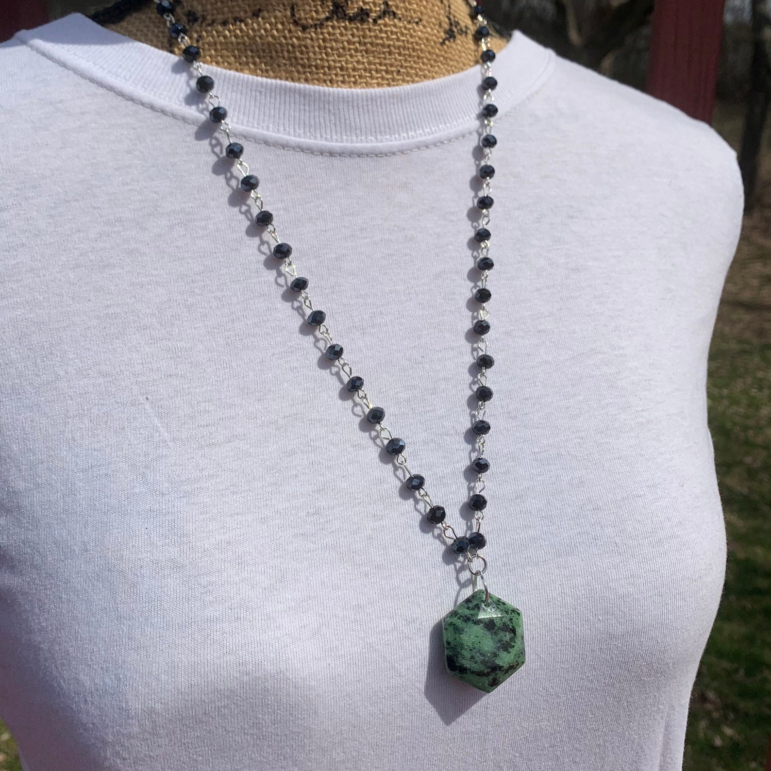 24 Black Crystal Bead Necklace W/hexagonal Zoisite Pendant | Etsy