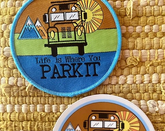 Combo Patch Sticker- Skoolie Life Is Where You Park It - Bus Life- Mountains and Sun - Handmade in Oregon