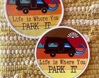 Patch Sticker Combo- Van Life Is Where You Park It - Handmade in Oregon - Mountains and Sun