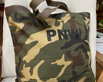 PNW FOREST Camo Tote Bag - Pacific NW 100% Cotton Large Size 18x15x5. Pacific Northwest