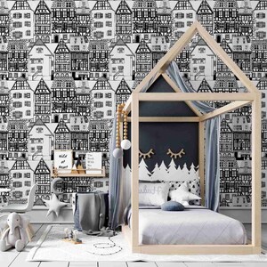 Hand Drawn Seamless Pattern of Danish Style Houses Wallpaper - Etsy