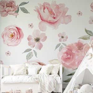 Romantic Penoy Floral Wallpaper in pink Water color - Removable Wallpaper, Nusery wallpaper Tradition Non-woven Wallpaper Mural