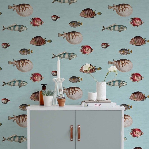 Fish Wallpaper ,Tropical for Beach House Wall Mural, Balloonfish Acquario Wall Mural - Self Adhesive Wallpaper,Art Decor Peel and Stick Gelb