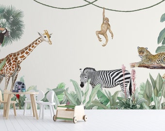 Tropical Jungle safari Animals Wallpaper Children Room Wall Mural in Beige back - Removable Wallpaper, nusery wallpaper