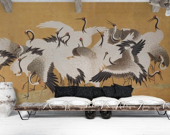 Chinoiserie Peel and Stick Wallpaper, Crane Wall Paper ,Traditional Portrait of Chinese Crane - Vintage Removable Wallpaper Wall Art