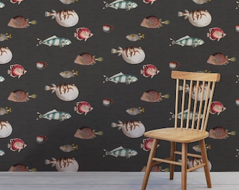 Tropical Fish Wallpaper Dark Back for Beach House, Sea fish Acquario Wallpaper - Self Adhesive Wallpaper - Removable Wallpaper