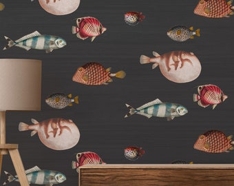 Fish Wallpaper,Peel And Stick Wallpaper Tropical for Beach House in Blue , Balloonfish Acquario Wall Mural Self Adhesive Removable WallPaper