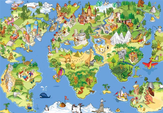 Cartoon World Map With Children of Famous Scenery Culture - Etsy Cartoon World Map With Children of Famous Scenery Culture - Etsy