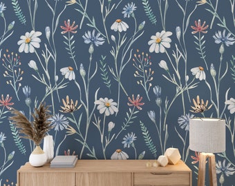 Watercolor Wildflowers Wallpaper Peel and Stick, Cornflower Chamomile Flowers Wallpaper, Blue Color Removable And Self-adhesive Wallpaper