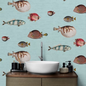 Fish Wallpaper ,Tropical for Beach House Wall Mural, Balloonfish Acquario Wall Mural - Self Adhesive Wallpaper,Art Decor Peel and Stick Gelb