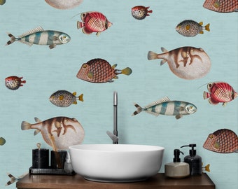 Fisch-Tapete, tropisch für Strandhaus-Wandbild, Ballonfisch-Acquario-Wandbild – selbstklebende Tapete, Art Decor Peel and Stick Gelb