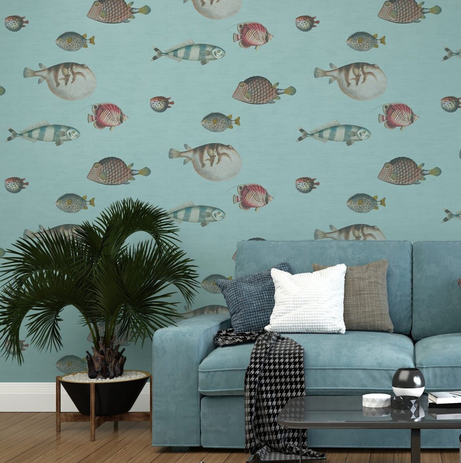 Tropical Fish Wallpaper for Beach House in Blue Balloonfish - Etsy