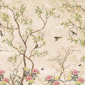 Vintage Chinoiserie Wallpaper with Birds Floral in Rustic beige wall Back , Peel and Stick Wallpaper, Hand Drawn Wall Mural For Living Room