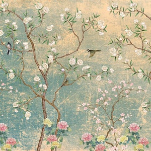 Vintage Chinoiserie Wallpaper with Birds Floral ancient Wallpaper, Non-woven Wallpaper, Peel and Stick wallpaper, Hand Drawn Wall Mural