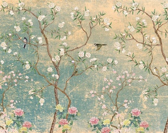 Vintage Chinoiserie Wallpaper with Birds Floral ancient Wallpaper, Non-woven Wallpaper, Peel and Stick wallpaper, Hand Drawn Wall Mural