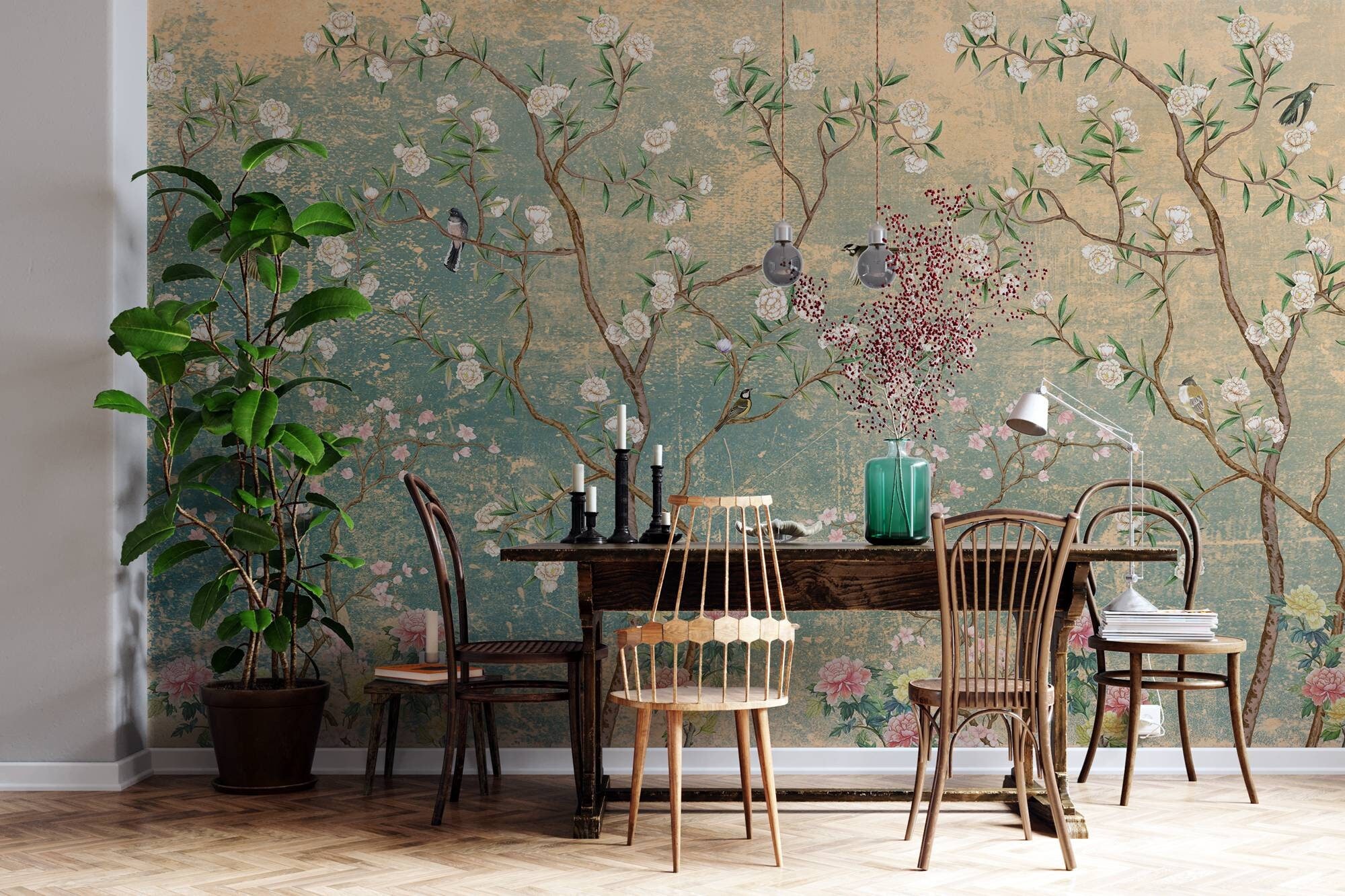 Vintage Chinoiserie Wallpaper With Birds Floral Ancient Etsy UK