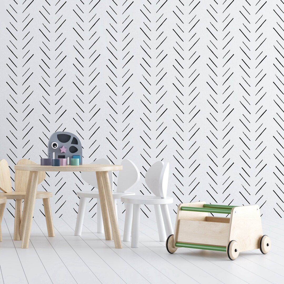 Modern Delicate Herringbone Wallpaper in Black and White, Scandinavian