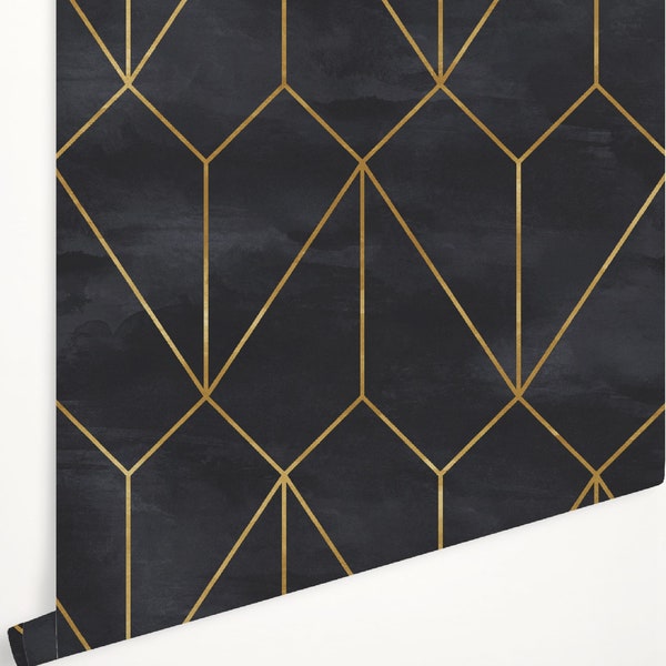 Black and Golden Non-Metalic Yellow Gold Geometric Wallpaper -Removable Wallpaper Peel and Stick Wall paper Customized Wall Mural Wall Decor