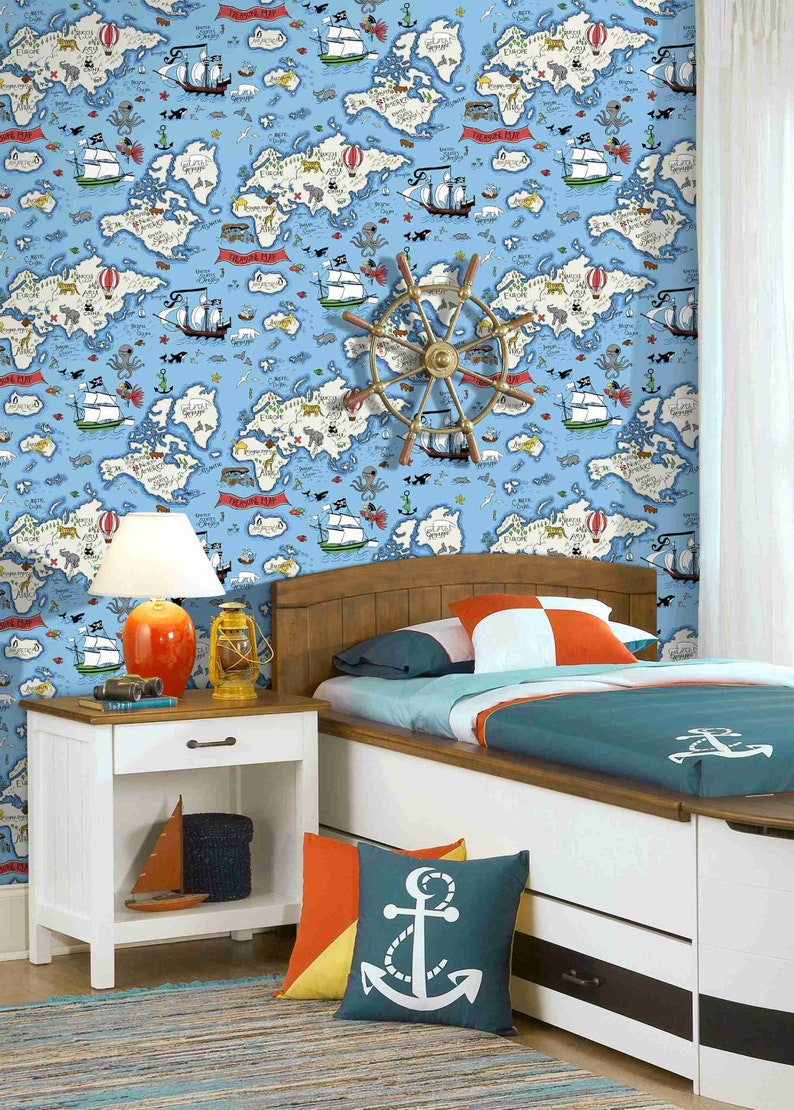 Boy Room Wallpaper Blue Sailing Wall Paper Rudder Pirate Etsy