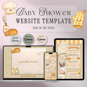 May include: A digital baby shower website template with a bakery theme. The design includes a laptop, tablet, and phone displaying invitation mockups. The text includes "Baby Shower Website Template" and "Bun in the Oven."