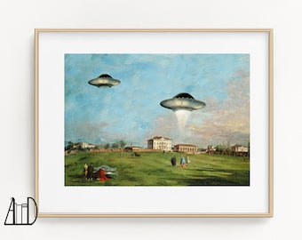 UFO Art Print: Vintage Italian Landscape, Sci-Fi Flying Saucer Home Decor