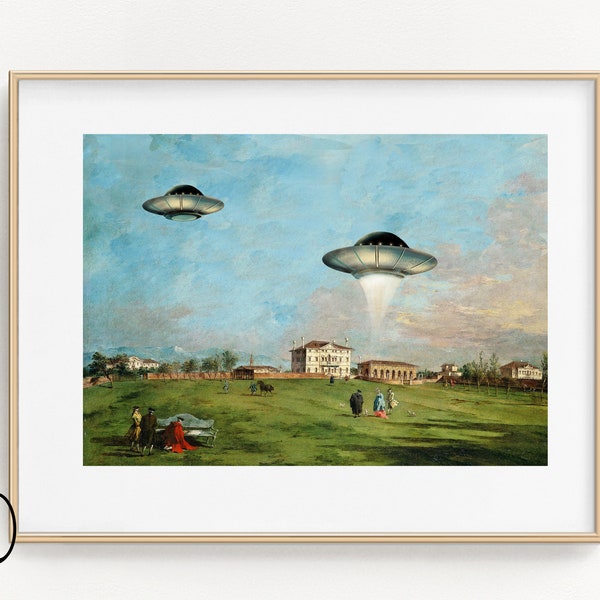 UFO Art Print Wall Art, Flying Saucer Vintage Altered Art, Classical Italian Retrofuturism , Sci Fi Print Alien Abduction, Quirky Home Decor