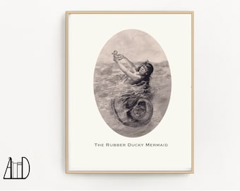 Mermaid Rubber Ducky Art Print: Quirky Bathroom Wall Decor