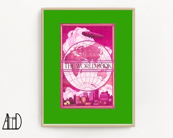 Bookish Globe Airship Encyclopedia Wall Art,  Quirky Home Library Decor Eclectic Print, Fun Art Deco History Buff Gift, Preppy Pink Green