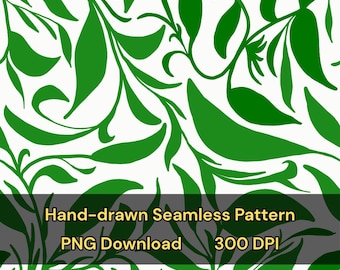 Green Leaves Seamless Pattern: Hand-Drawn Tileable Print (Digital Download, PNG, 4000x4000px, 300 DPI)