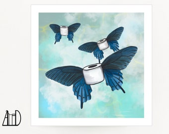 Toilet Paper Butterfly Print: Fun Whimsical Bathroom Wall Art, Blue Decor