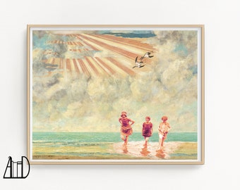 Vintage Beach Art Print: Retro Ukiyoe Ocean Collage