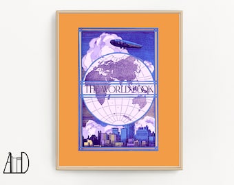 Vintage Encyclopedia Globe Print, Orange Art Deco Academia Library Decor, Colorful Bookish Art, Gift for Reader Book Lover History Buff
