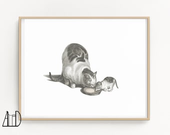 Cat Wall Art Decor, Cozy Vintage Tabby Kitten Print, Gift for Kitty Cat Lover, Nursery Wall Hanging, Victorian Illustration Domestic Tabby