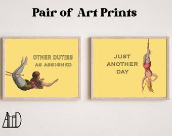Funny Office Art Prints: Vintage Acrobat Decor, Set of 2
