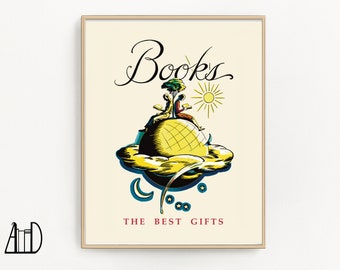 Bookish Wall Art Print, Gift for Librarian Reader Editor, Quirky Vintage Book Lover Wall Decor, Light Academia Office Study Art