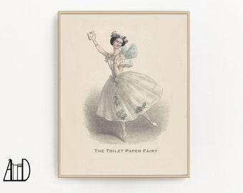 Ballerina Toilet Paper Fairy Art Print: Vintage Bathroom Wall Decor